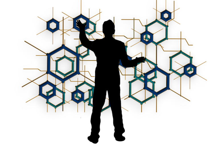hexagon, blockchain, man, silhouette, steering, taxes, network, concentration, logistics, synergies, database, technology, web, cut out, blockchain, database, database, database, database, database